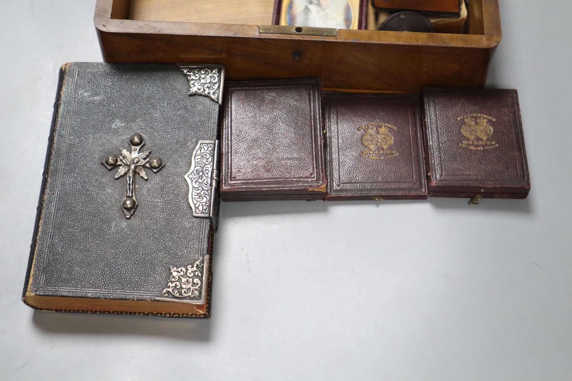 A 19th century French olive wood box, silver mounted bible, etc